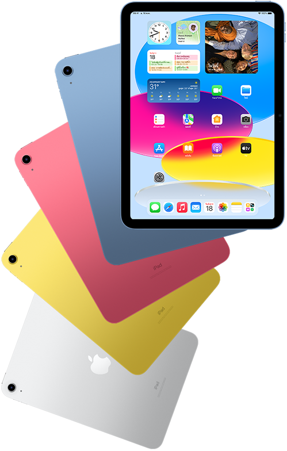 มุมมองด้านหน้าของ iPad ที่แสดงหน้าจอโฮมโดยมี iPad สีฟ้า สีชมพู สีเหลือง และสีเงินที่แสดงตัวเครื่องด้านหลังวางซ้อนอยู่ด้านหลัง