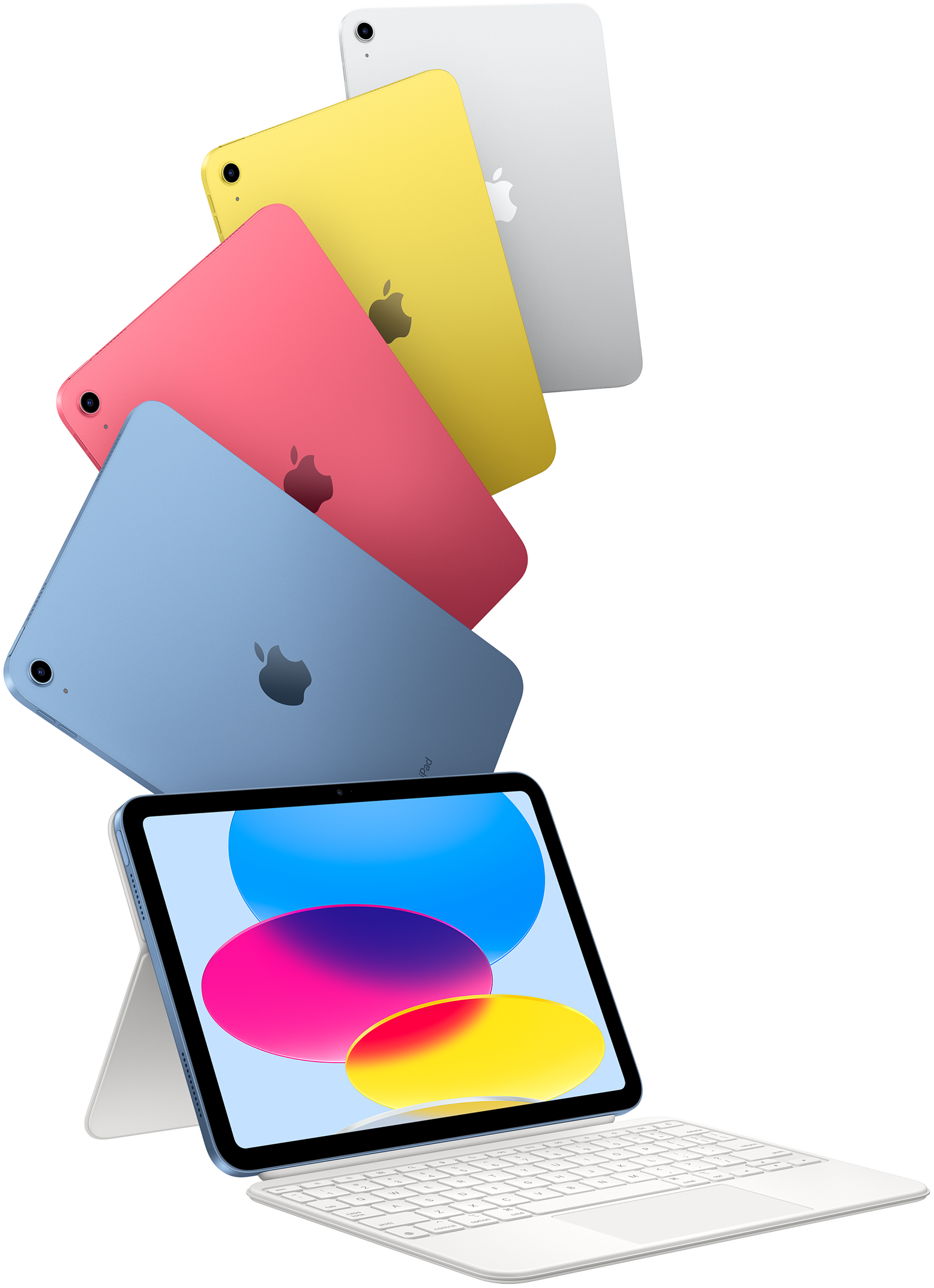 iPad สีฟ้า สีชมพู สีเหลือง และสีเงิน และ iPad หนึ่งเครื่องที่ติดเข้ากับ Magic Keyboard Folio