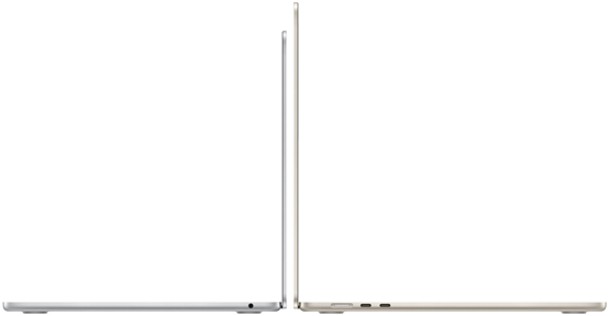 MacBook Air รุ่น 13 นิ้ว และ 15 นิ้ว ที่เปิดกางอยู่และวางหันหลังชนกัน