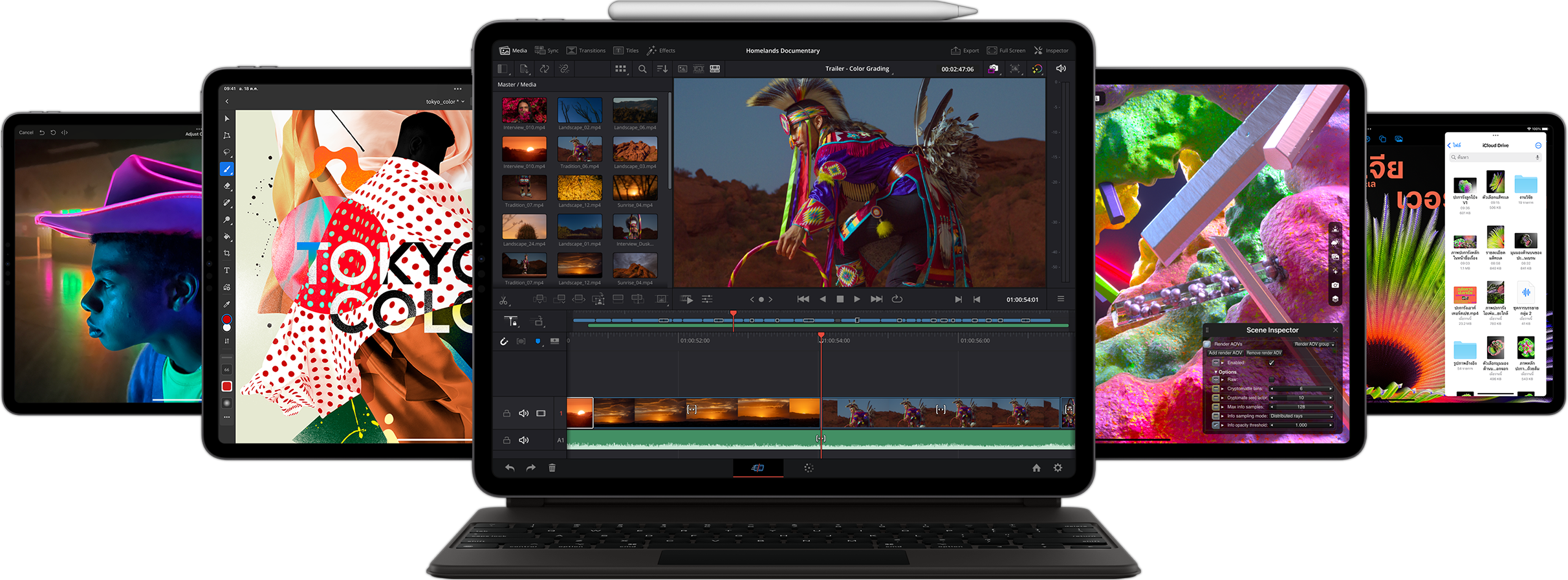 มุมมองด้านหน้าของ iPad Pro ที่มี Smart Keyboard Folio และ Apple Pencil ติดอยู่ และแสดงแอป Resolve for iPad โดยมีอุปกรณ์ iPad อื่นๆ อยู่ด้านหลัง