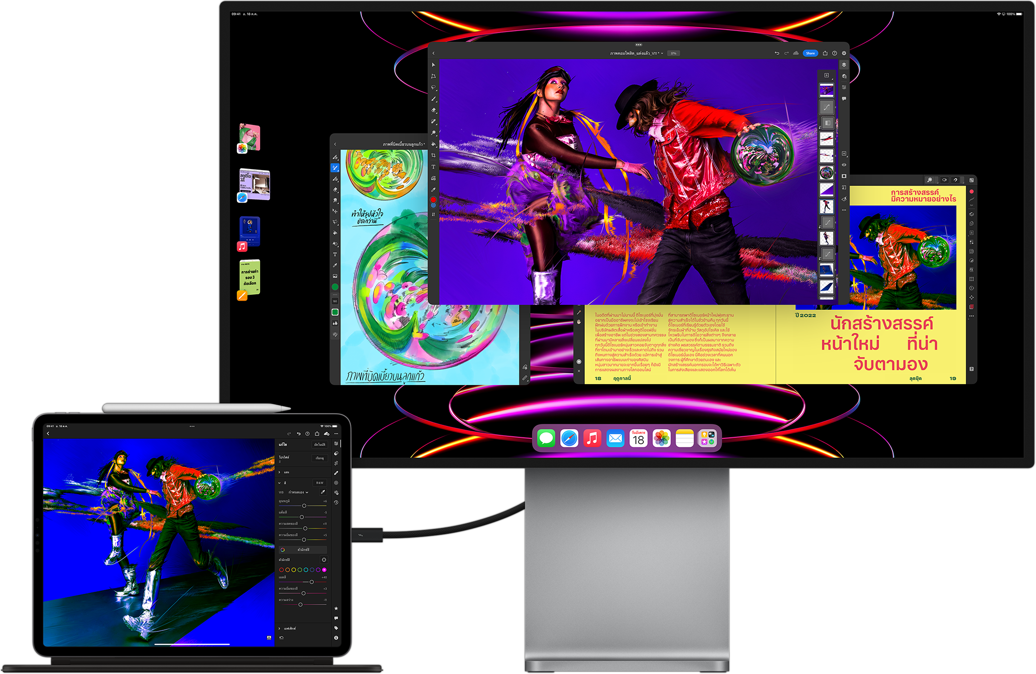 iPad Pro ที่แสดงแอป LumaFusion ขณะเชื่อมต่อกับจอภาพภายนอกที่แสดงการทำงานแบบมัลติทาสก์ด้วยคุณสมบัติตัวจัดการให้อยู่ตรงกลาง