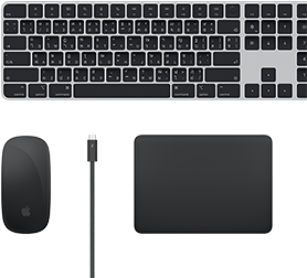 มุมมองด้านบนของอุปกรณ์เสริม Mac ได้แก่ Magic Keyboard, Magic Mouse, Magic Trackpad และสาย Thunderbolt