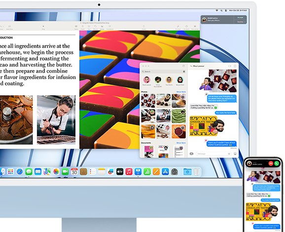 iMac ที่อยู่ถัดจาก iPhone กำลังแสดงคุณสมบัติความต่อเนื่องโดยการแชร์ข้อความสนทนาและรูปภาพระหว่าง iPhone และ iMac