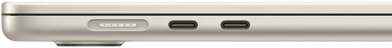 พอร์ต MagSafe ที่อยู่ทางด้านซ้าย ตำแหน่งท้ายสุด พอร์ต Thunderbolt จำนวน 2 พอร์ต ที่อยู่ทางด้านซ้าย โดยอยู่ก่อนพอร์ต MagSafe