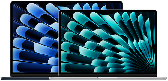 มุมมองด้านหน้าของ MacBook Air รุ่น 13 นิ้ว และ 15 นิ้ว ซึ่งแสดงให้เห็นถึงขนาดจอภาพ (วัดในแนวทแยง)