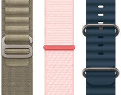  สายแบบ Alpine Loop สีเขียวมะกอก, สายแบบ Sport Loop สีชมพูสว่าง และสายแบบ Ocean Band สีน้ำเงิน