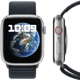 มุมมองด้านหน้าและด้านข้างของ Apple Watch ใหม่ ที่มีความเป็นกลางทางคาร์บอน