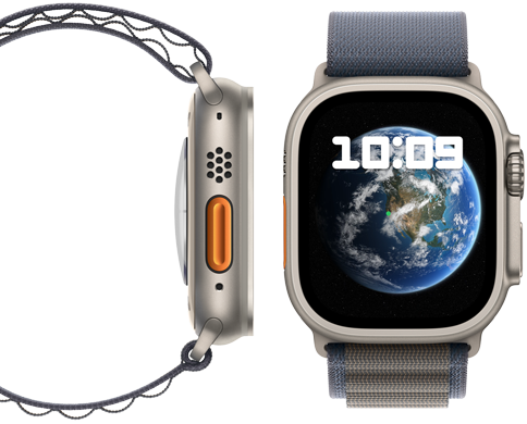 มุมมองด้านหน้าและด้านข้างของ Apple Watch Ultra 2 ใหม่ที่มีความเป็นกลางทางคาร์บอน