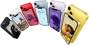 ภาพแสดงด้านหน้าและด้านหลังของ iPhone 14 ใน 6 สี ได้แก่ สีมิดไนท์, สีสตาร์ไลท์, รุ่น PRODUCT(RED), สีฟ้า, สีม่วง และสีเหลือง